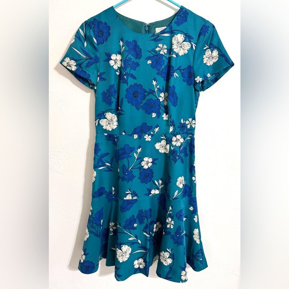 J. Crew floral print short sleeve blue and white flared dress, size 0